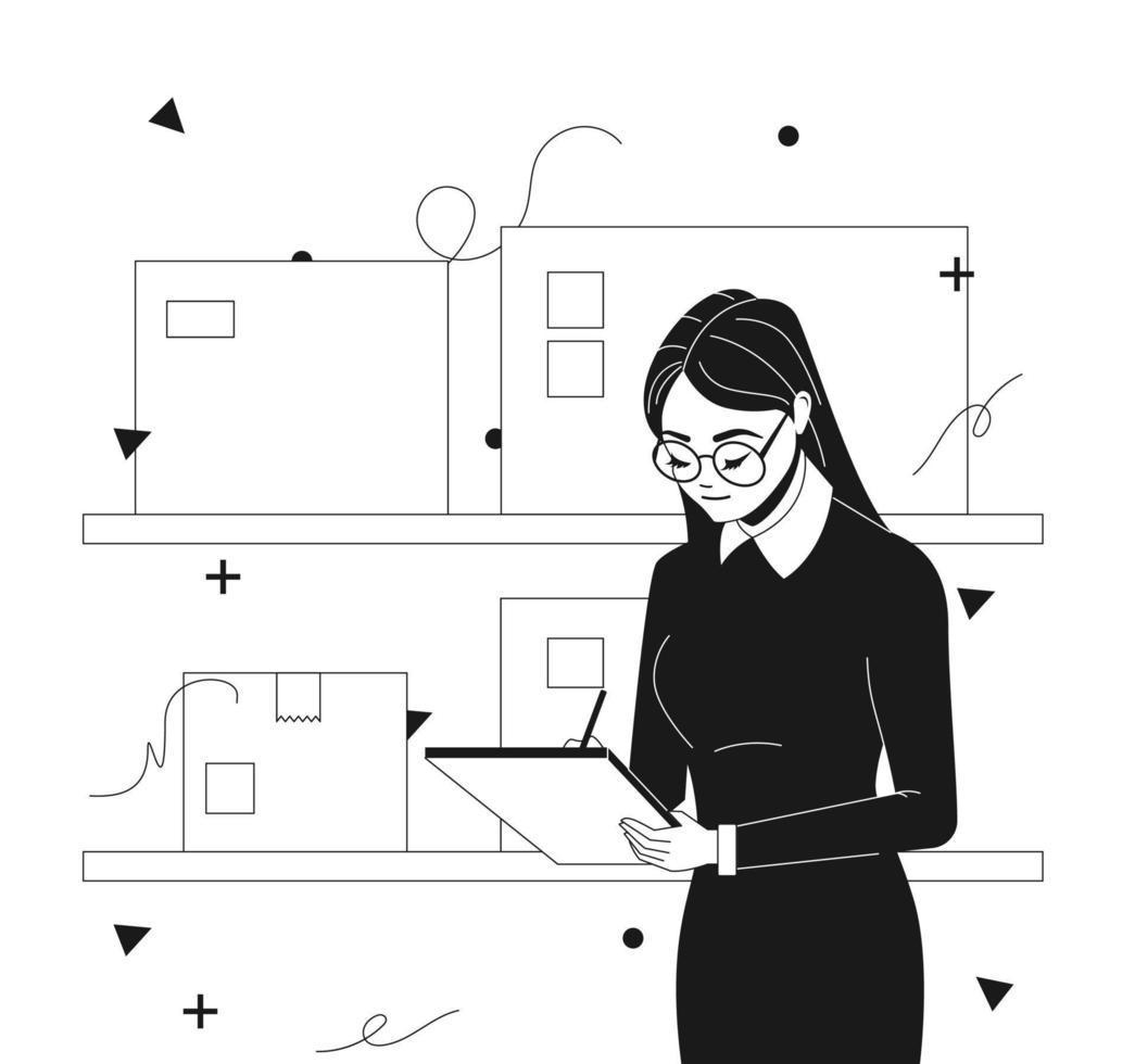 trabalhadora de estilo preto e branco organizando inventário e estoque no armazém. ilustração em vetor elementos de design plano.