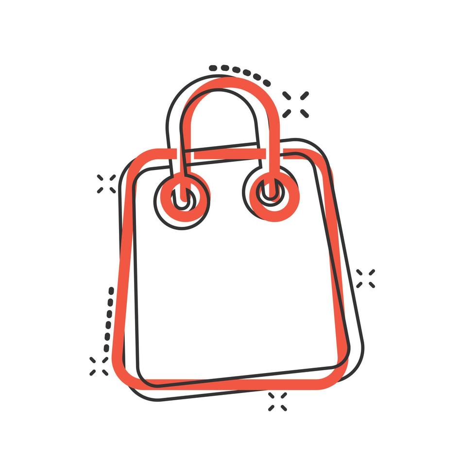 ícone de sacola de compras em estilo cômico. ilustração em vetor sinal bolsa dos desenhos animados no fundo branco isolado. conceito de negócio de efeito de respingo de pacote.