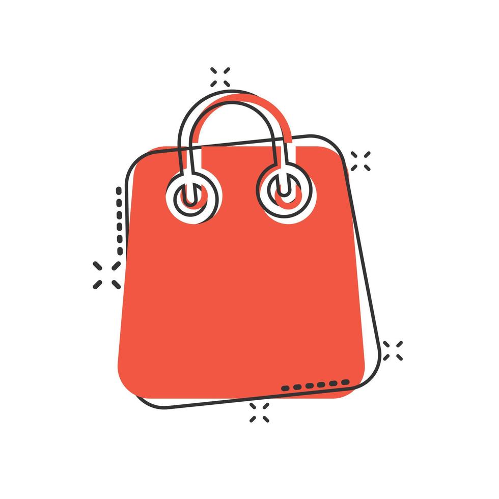 ícone de sacola de compras em estilo cômico. ilustração em vetor sinal bolsa dos desenhos animados no fundo branco isolado. conceito de negócio de efeito de respingo de pacote.