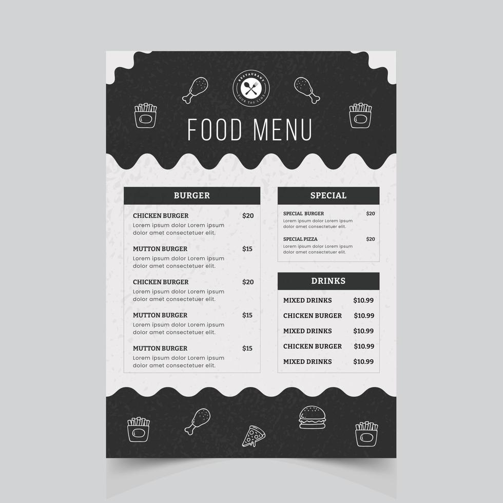 modelo de menu de comida mínimo, modelo de design de menu de restaurante vetor