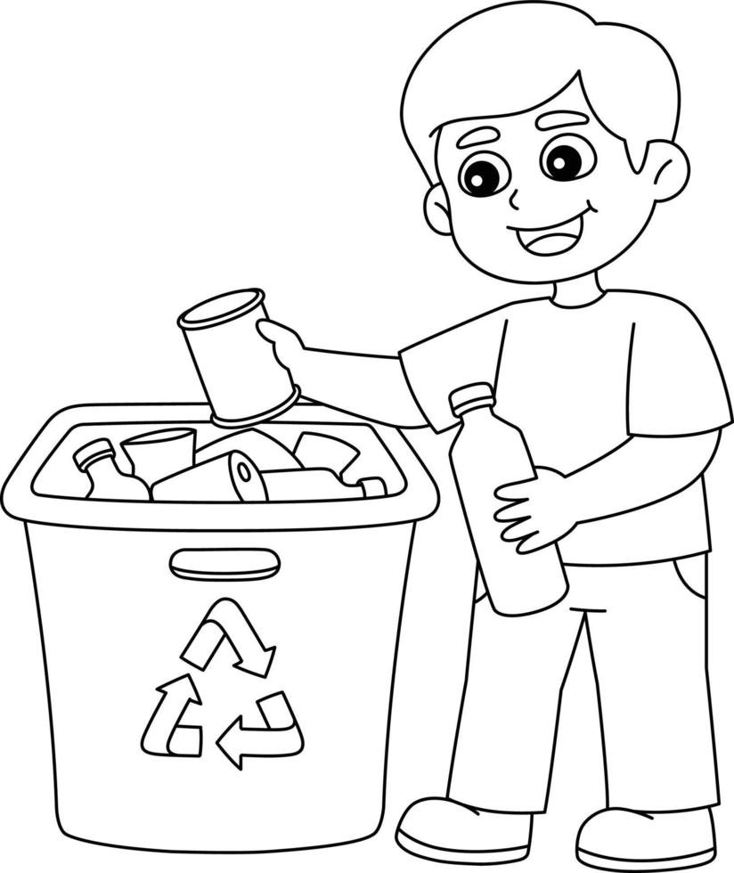menino reciclando página para colorir isolada para crianças vetor