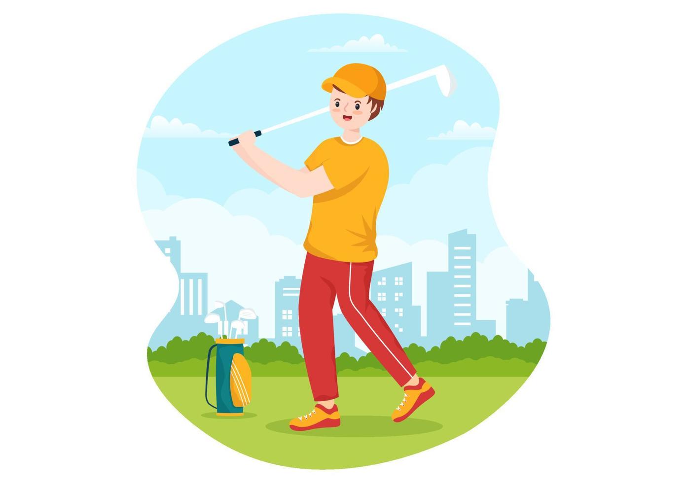 ilustração de esporte de golfe com bandeiras, carrinho, paus, campo verde e bunker de areia para diversão ao ar livre ou estilo de vida em modelos desenhados à mão de desenhos animados planos vetor