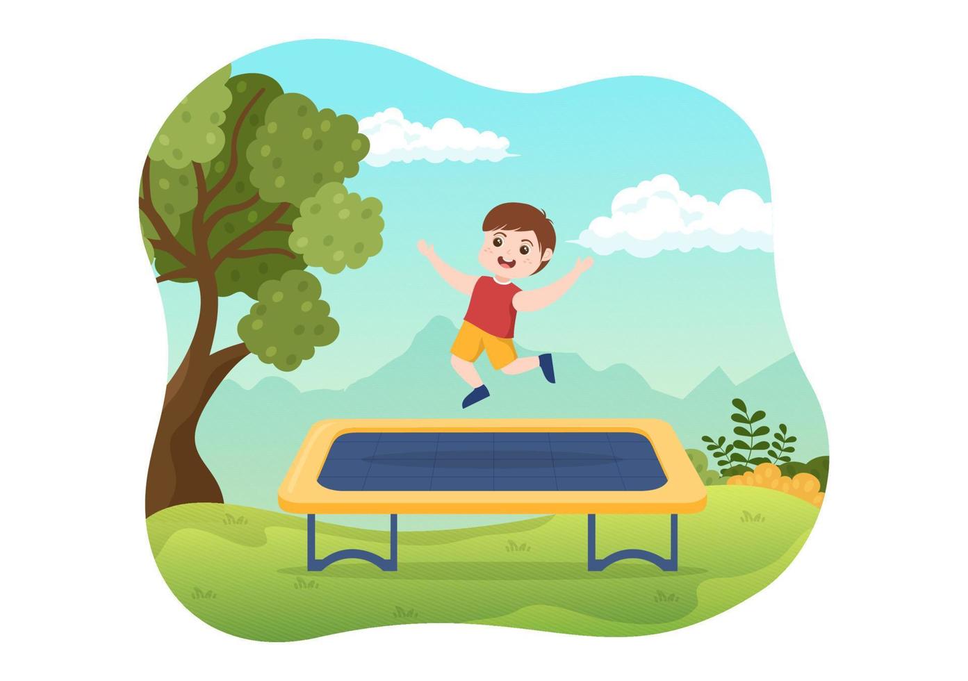 ilustração de trampolim com crianças pequenas pulando em trampolins na mão desenhada modelo de plano de fundo de atividade ao ar livre de verão de desenhos animados vetor