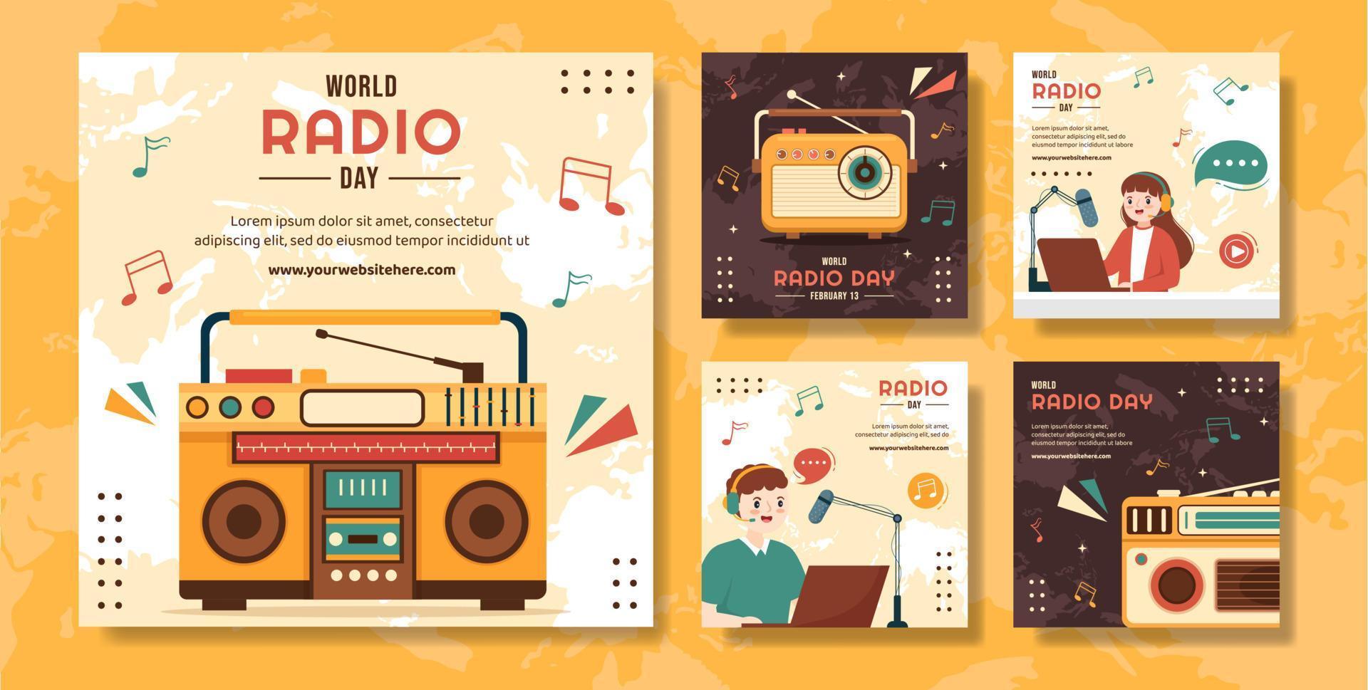 mídia social do dia mundial do rádio post ilustração de modelos de fundo desenhados à mão de desenhos animados planos vetor