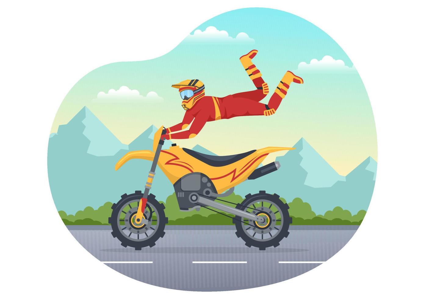 ilustração de motocross com um piloto andando de bicicleta pela lama, estradas rochosas e aventura em modelo desenhado à mão de desenho animado plano de esporte radical vetor