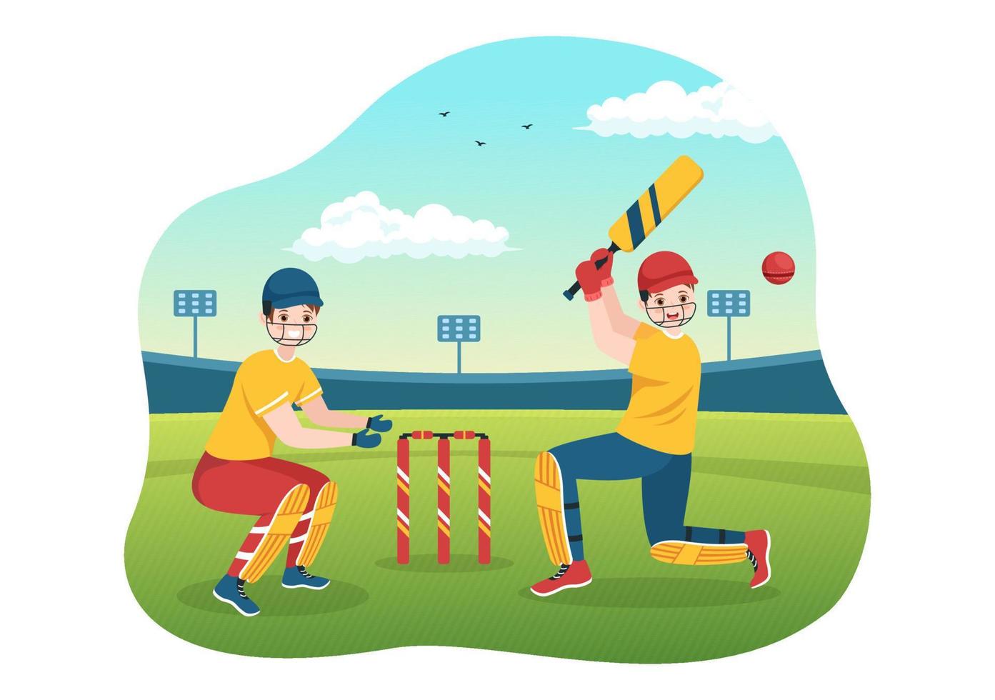 batedor jogando ilustração de esporte de críquete com bastão e bolas no campo para campeonato em modelos desenhados à mão de desenhos animados planos vetor