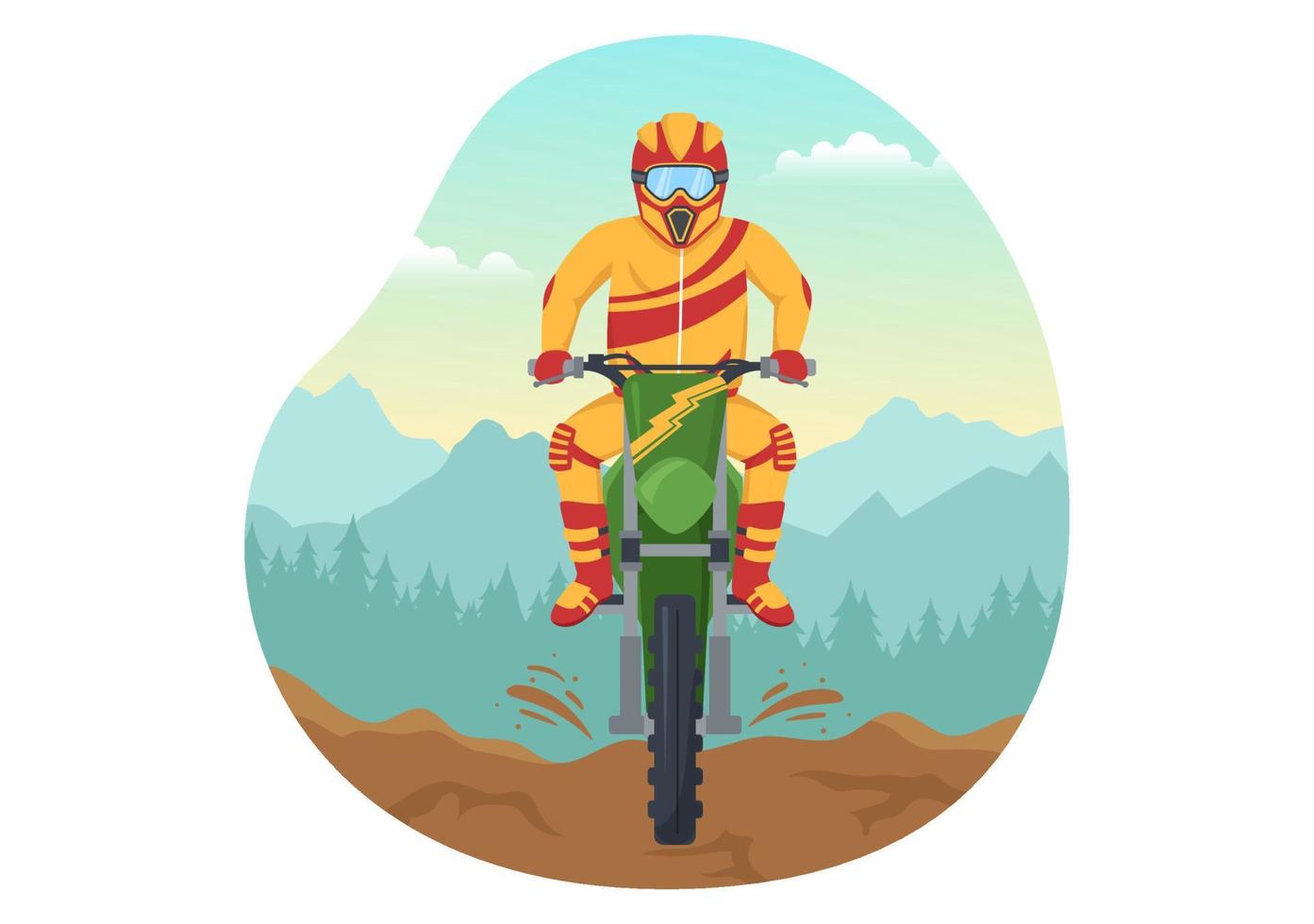 ilustração de motocross com um piloto andando de bicicleta pela lama, estradas rochosas e aventura em modelo desenhado à mão de desenho animado plano de esporte radical vetor