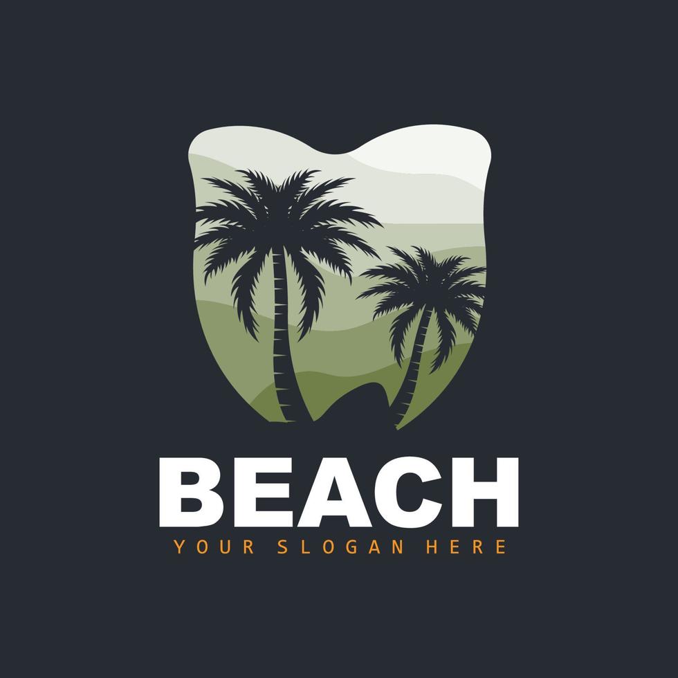 logotipo de coqueiro com atmosfera de praia, vetor de plantas de praia, design de exibição do pôr do sol