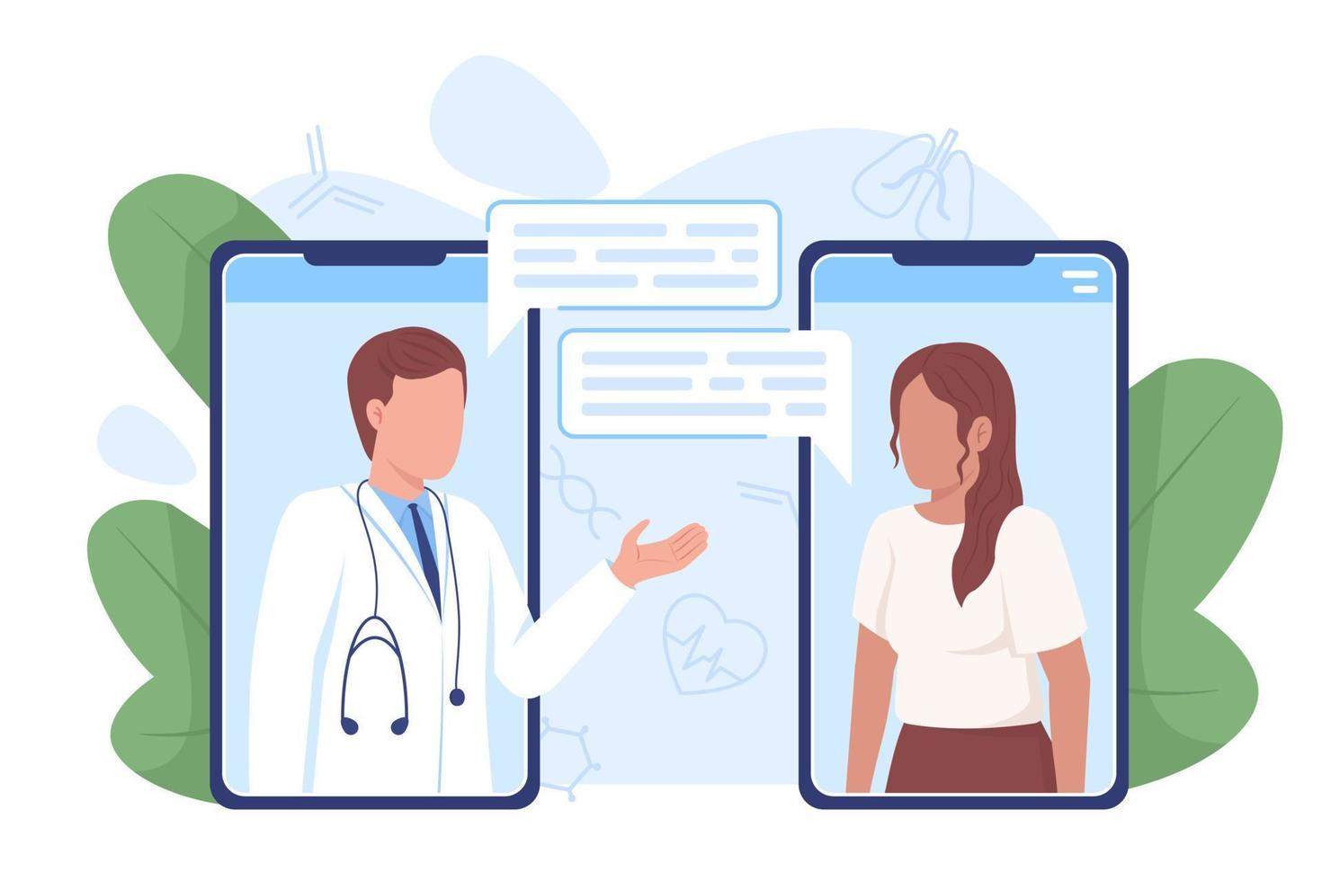 consulta on-line com ilustração vetorial de conceito plano de terapeuta. e-reunião com o médico. personagens de desenhos animados 2d editáveis em branco para web design. ideia criativa para site, celular, apresentação vetor