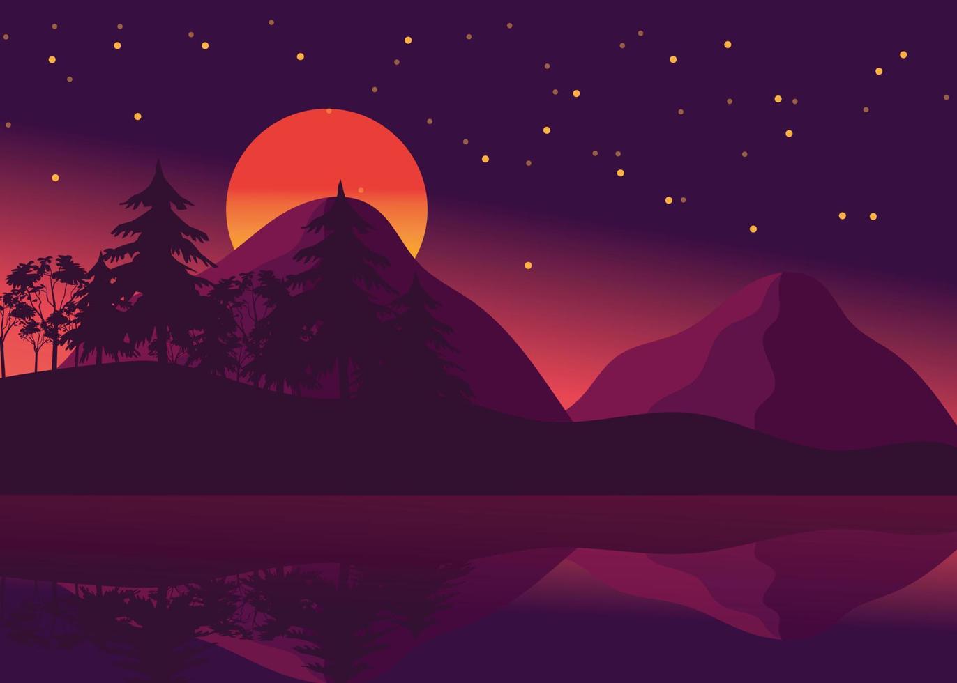 bela paisagem de fundo de montanha durante a noite com estrelas e reflexos de montanha no rio vetor