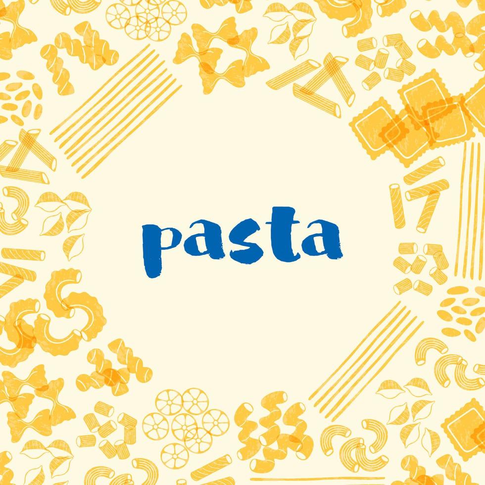 moldura de massa italiana. diferentes tipos de massas italianas. espaguete, farfalle, penne, rigatoni, ravioli, fusilli, conchiglie, cotovelos, rotelle, orzo, ilustração de paccheri. vetor