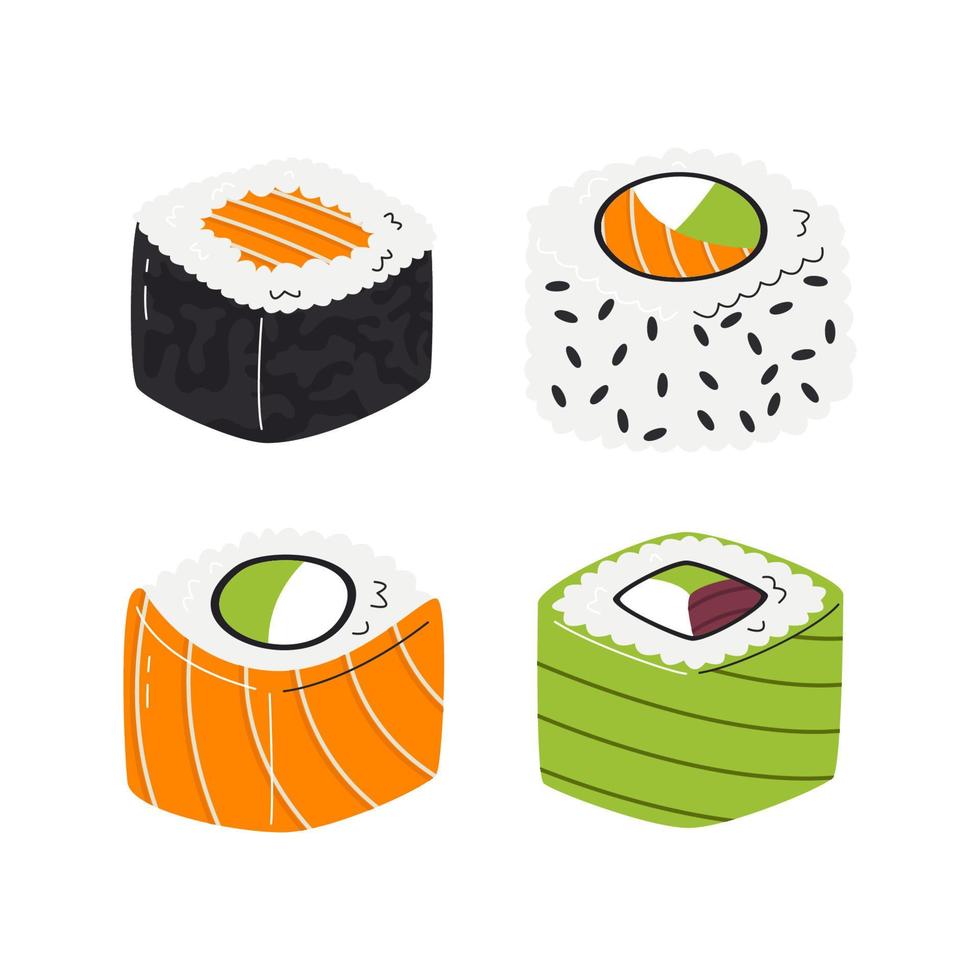 coleção de variedade de rolos de sushi maki isolada no branco. comida asiática popular com arroz e frutos do mar. prato gostoso oriental. ilustração vetorial plana desenhada à mão relacionada à cozinha tradicional japonesa vetor