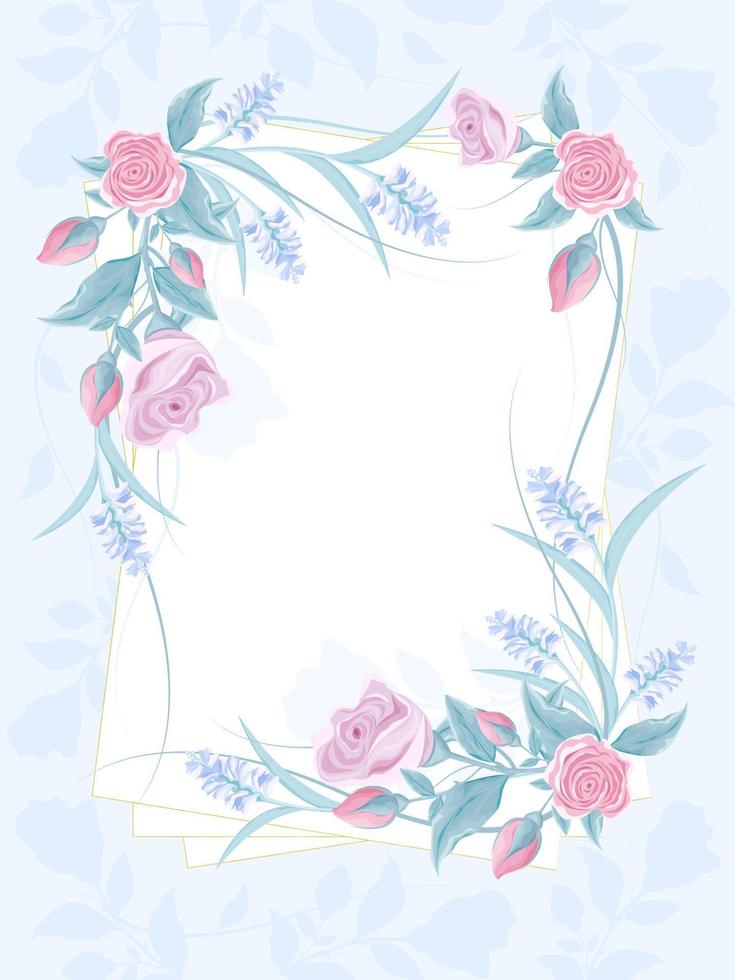 ilustração de saudação decorada com flores rosas, delicadas flores silvestres. para um casamento, dia dos namorados, aniversário ou o design de um cartão de convite vetor