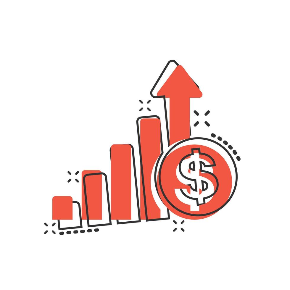 ícone de seta de crescimento em estilo cômico. ilustração em vetor receita dos desenhos animados no fundo branco isolado. aumentar o conceito de negócio de efeito de respingo.