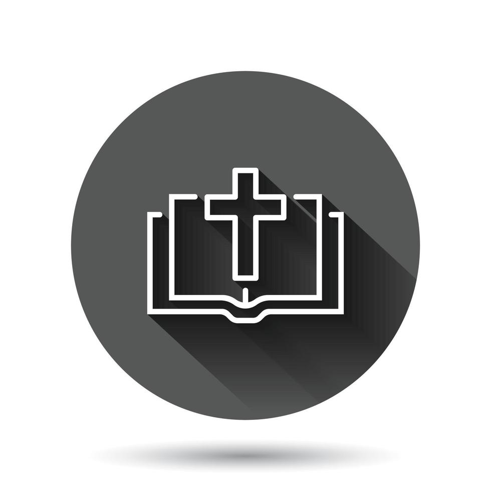 ícone do livro bíblico em estilo simples. ilustração vetorial de fé da igreja em fundo redondo preto com efeito de sombra longo. conceito de negócio de botão de círculo de espiritualidade. vetor