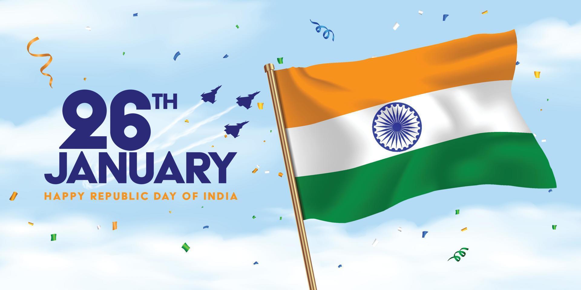 26 de janeiro bandeira do dia da república indiana. bandeira voando no céu com confete ao redor vetor