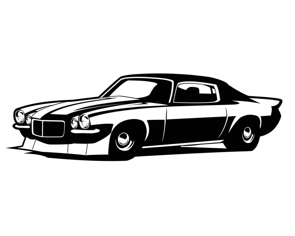 silhueta dos anos 1970 do chevrolet camaro. vista de fundo branco isolado da frente. melhor para logotipos, distintivos, emblemas, camisetas, ícones, adesivos e indústria automobilística. vetor