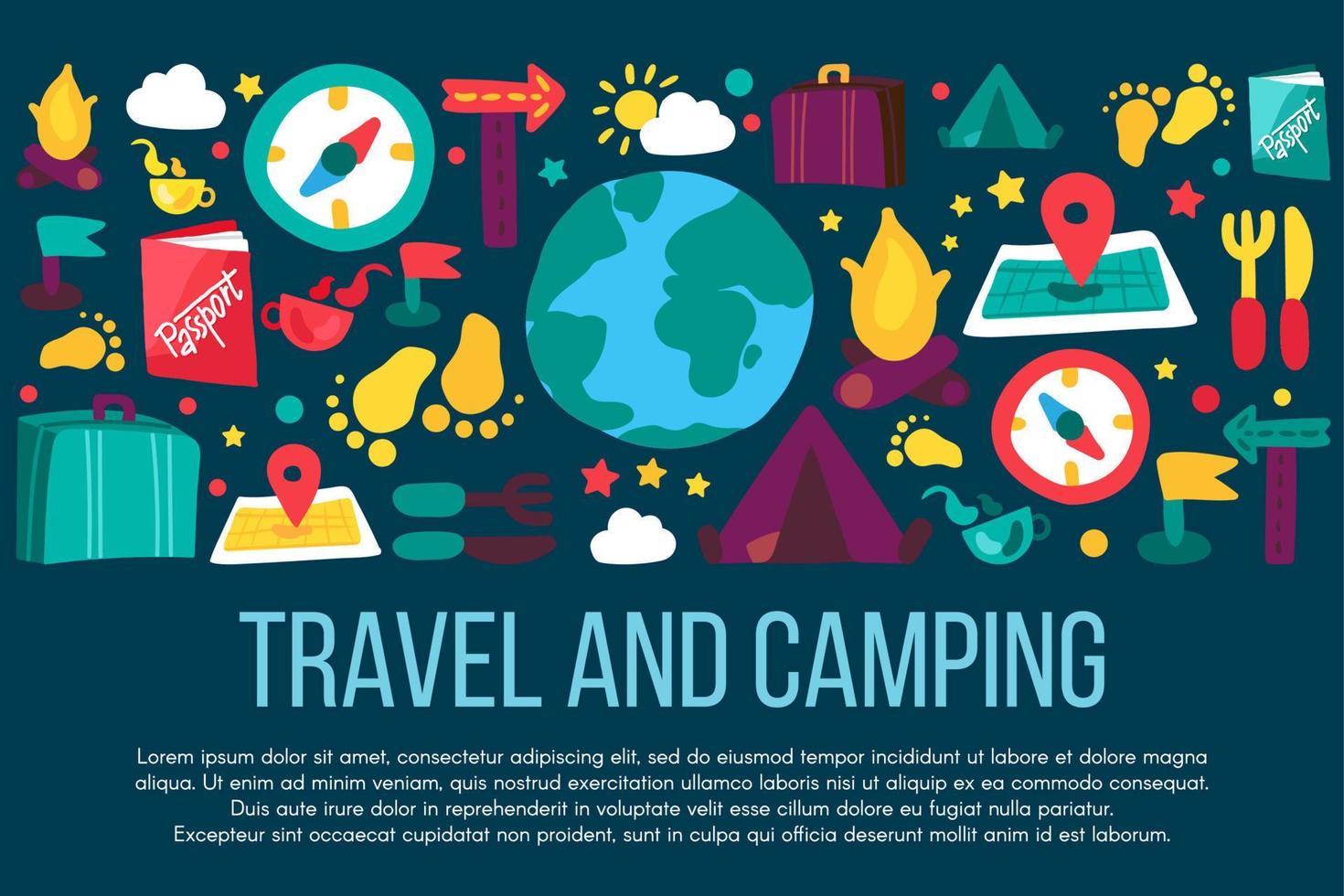banner de desenho animado de viagem e acampamento com espaço de texto vetor