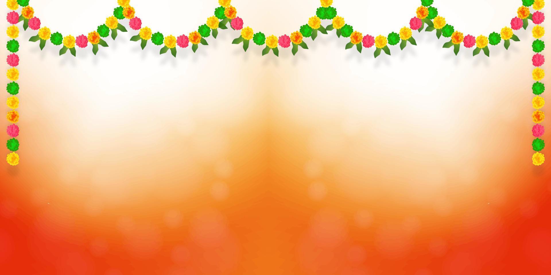 ilustração em vetor de decoração de guirlanda de flores toran com belo bokeh de fundo. pode ser usado para o festival do sul da Índia feliz diwali, pongal, onam e etc. fundo de férias