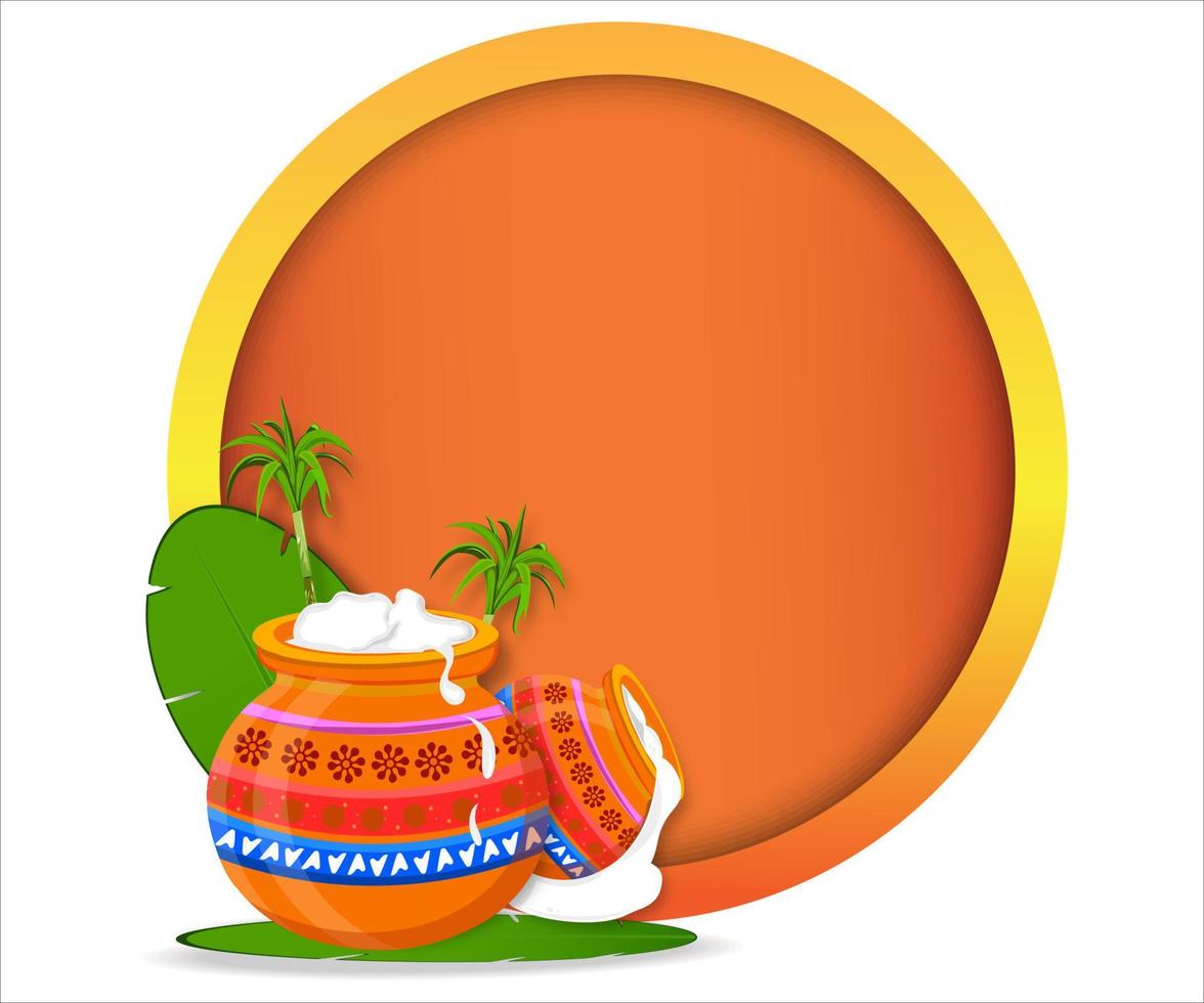 design de banner do festival de colheita pongal feliz do sul da Índia. imagem da bela panela pongal e folha de bananeira de cana-de-açúcar com fundo no espaço em branco no círculo redondo. vetor