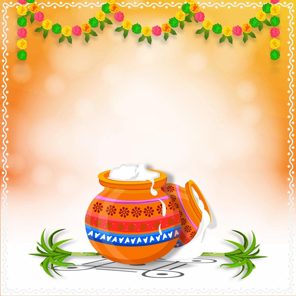fundo de saudação do festival de celebração da colheita pongal feliz do sul da Índia. guirlanda de flores coloridas e pote pongal com cana-de-açúcar em belo fundo de efeito bokeh. vetor