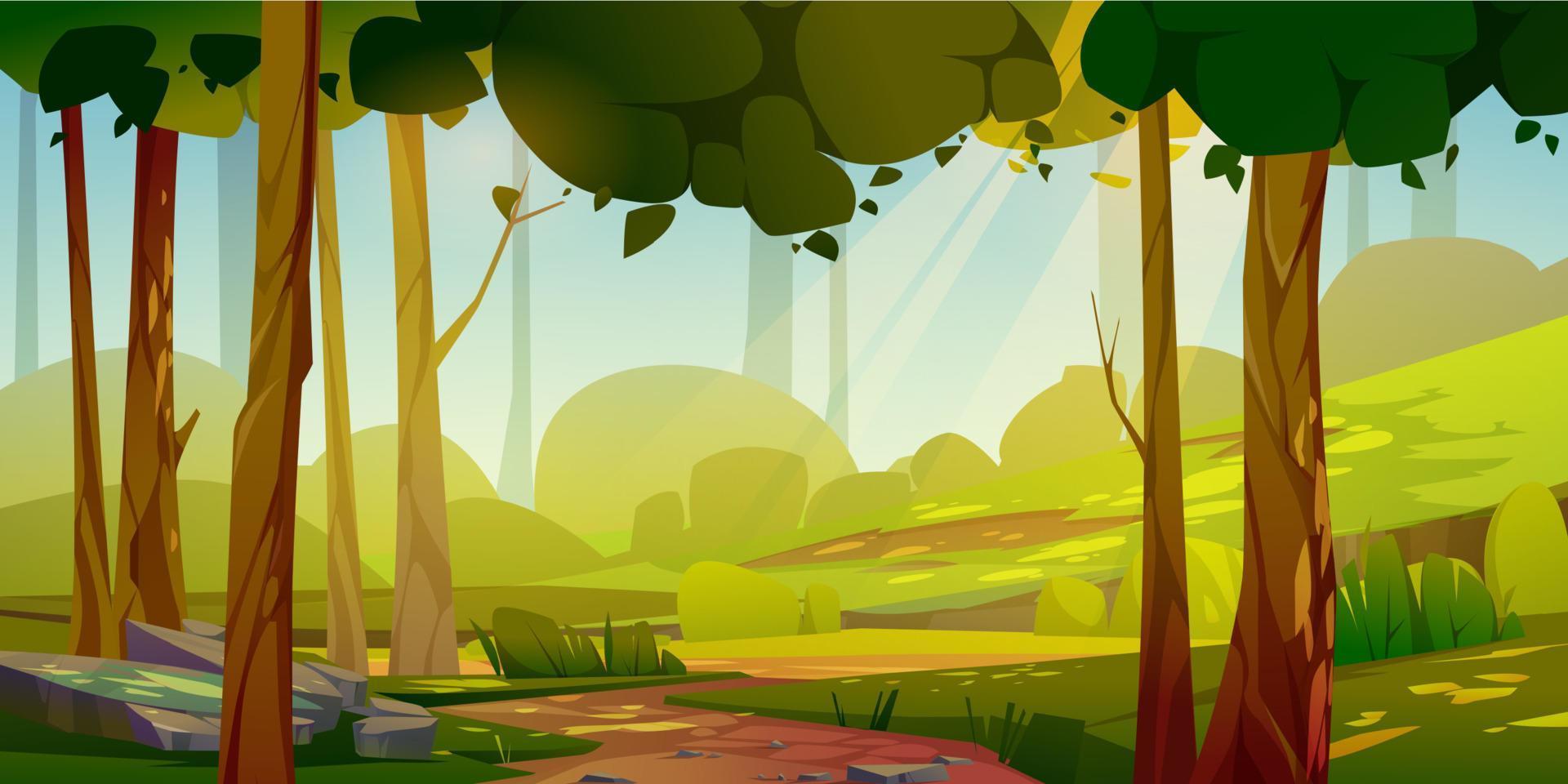 paisagem da floresta dos desenhos animados, fundo de dia de verão vetor