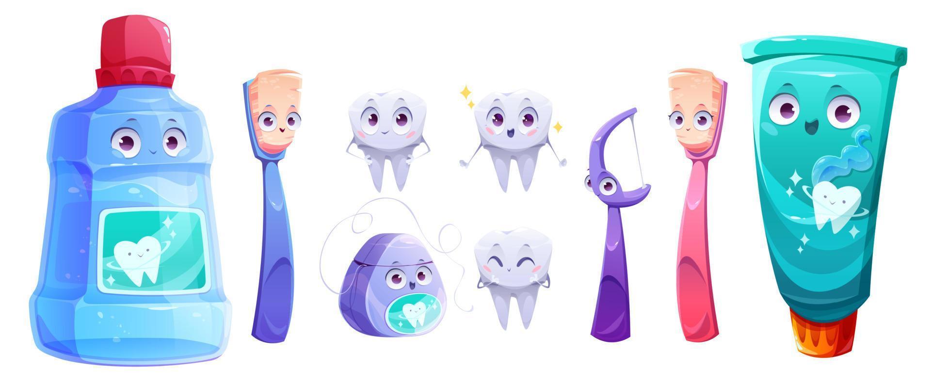 conjunto isolado de personagens de desenhos animados de produtos para cuidados com os dentes vetor