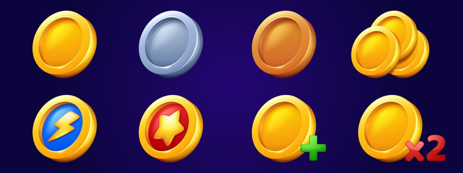 ícones de moedas de ouro, tokens para interface de interface do usuário do jogo vetor