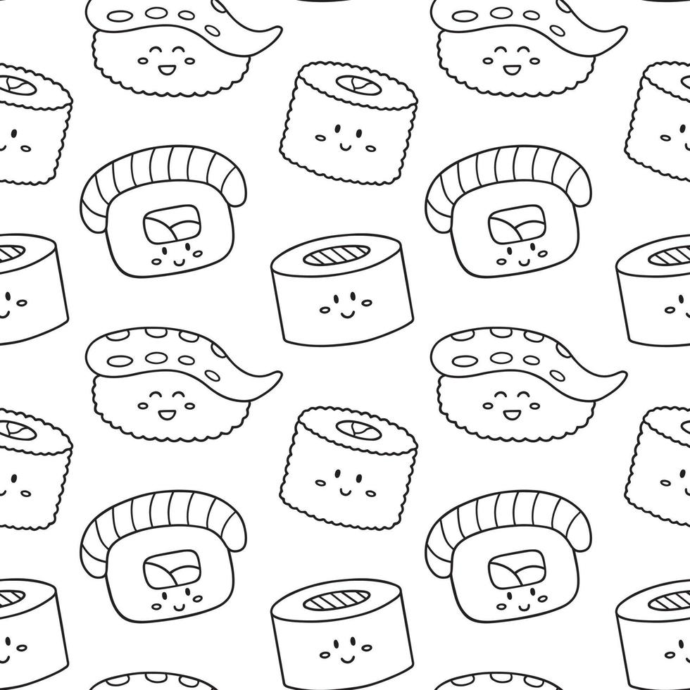 padrão perfeito de sushi bonito e pãezinhos doodle. comida japonesa em estilo de desenho. ilustração vetorial desenhada à mão vetor