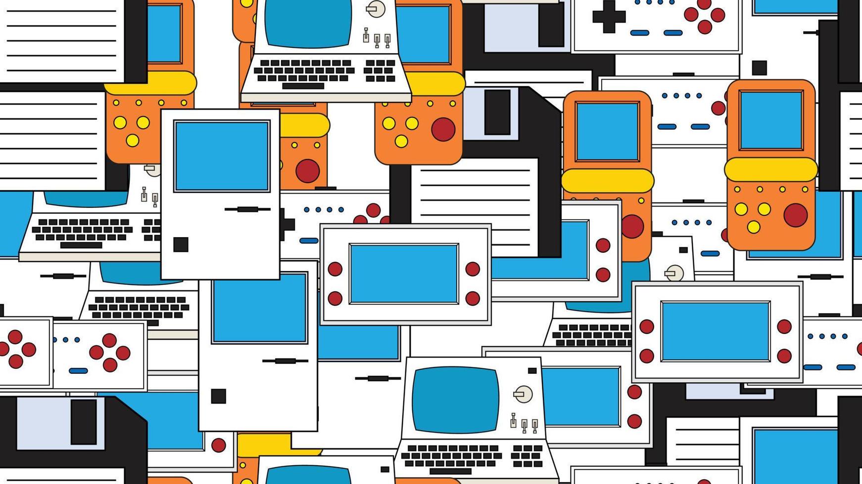 padrão perfeito sem fim com eletrônicos e consoles de jogos de computador de tecnologia velho hipster vintage retrô dos anos 70, 80, 90 isolados no fundo branco. ilustração vetorial vetor