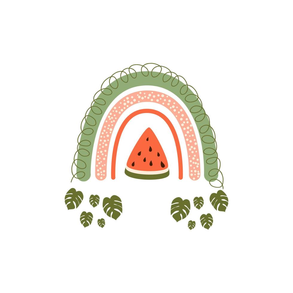 arco-íris de verão melancia fofa, folhas tropicais, elemento gráfico de arco-íris de frutas de verão monstera isolado. verão tropical. ilustração vetorial. design de arco-íris de verão, logotipo. folhas tropicais desenhadas à mão. vetor