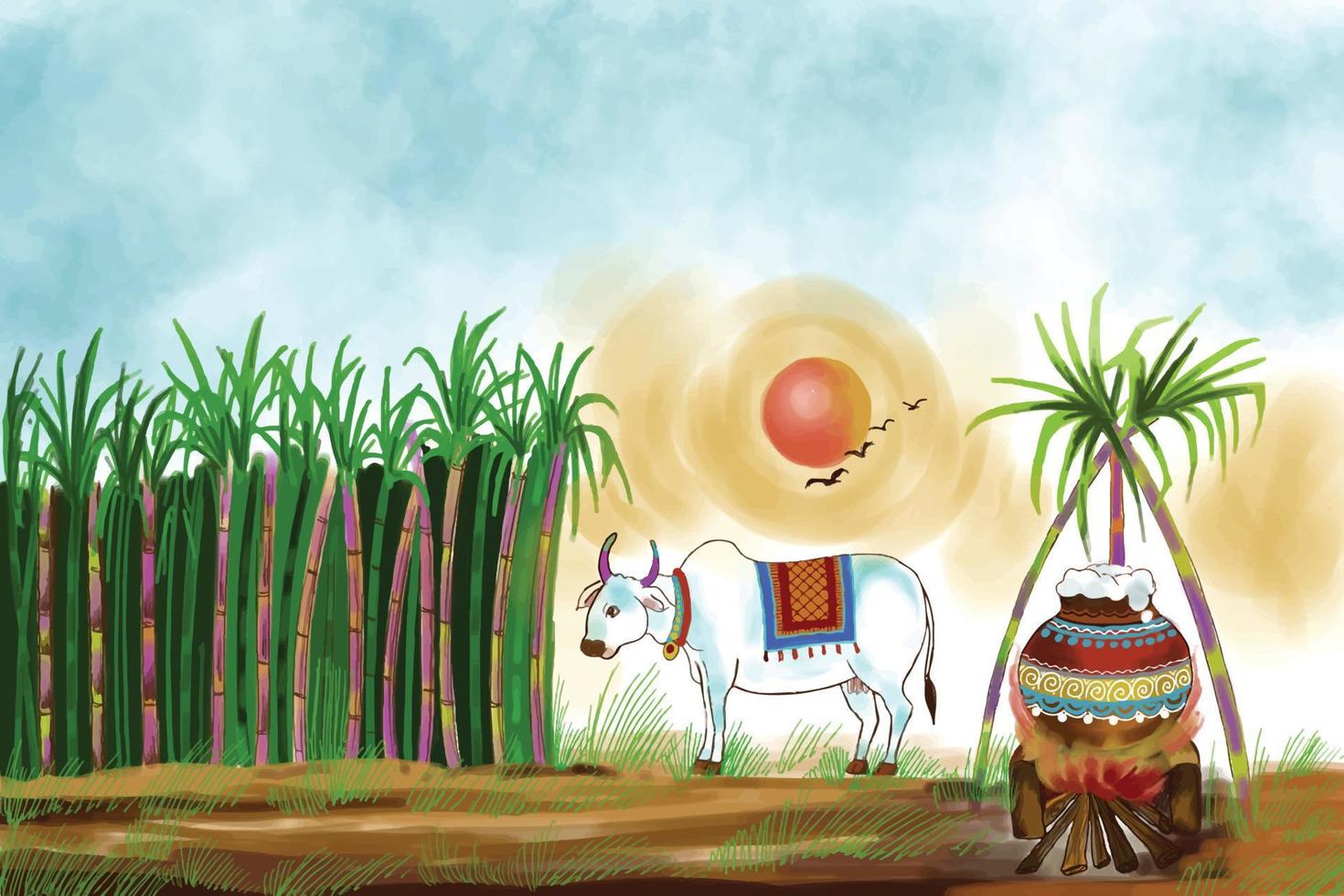 feliz feriado de pongal festival da colheita de tamil nadu sul da índia design de cartão vetor