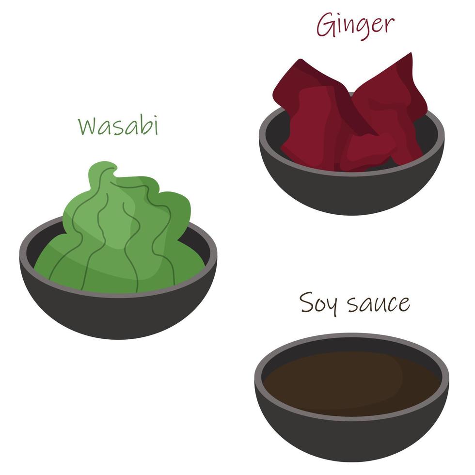 molho de soja, gengibre e wasabi para sushi. ilustração de comida asiática. vetor
