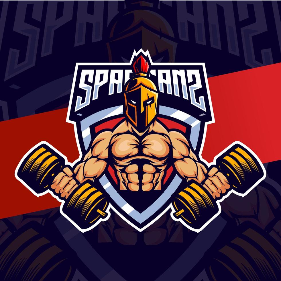 esport de mascote espartano muscular para design de logotipo de fitness e esporte vetor