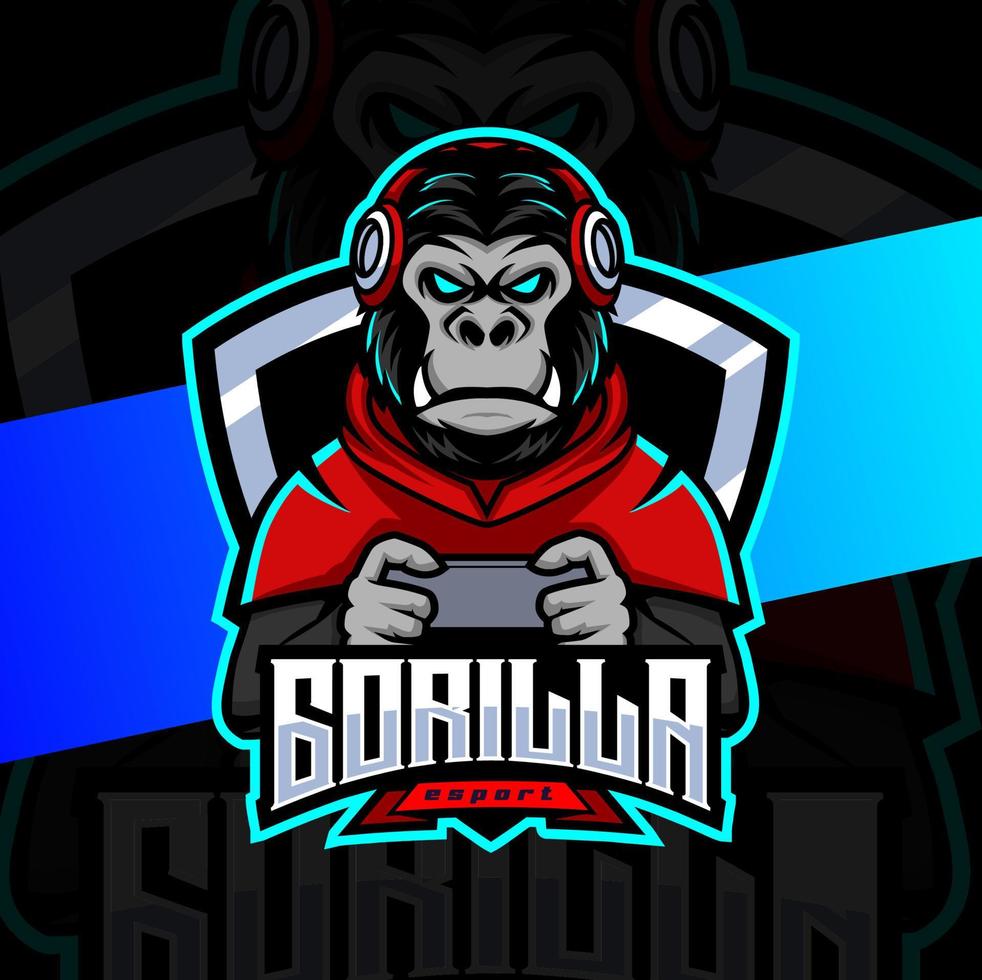 gorila jogador mascote personagem de design de logotipo esport vetor