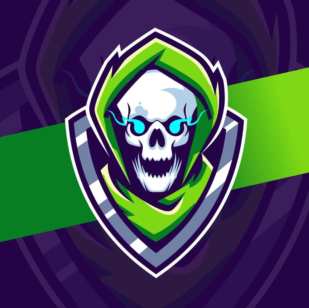 personagem de design de logotipo esport de mascote de jogador de caveira para jogos e esportes vetor