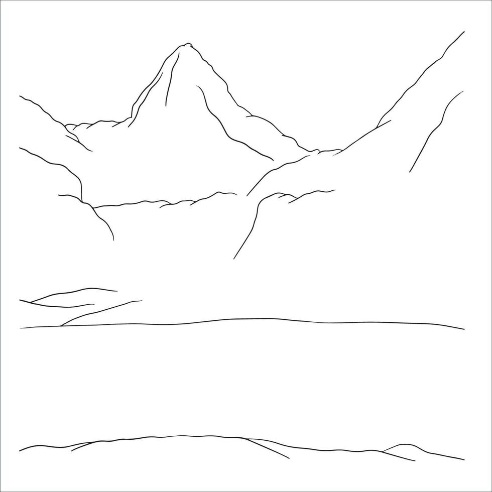 arte de linha de montanha, desenho de paisagem minimalista, desenho de contorno de lago, esboço simples, ilustração do nascer do sol, vetor gráfico