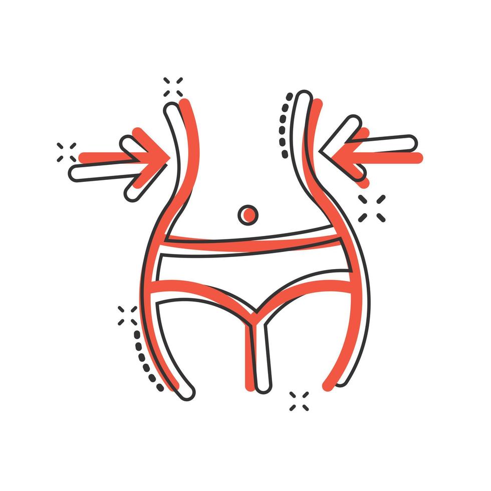 ícone de perda de peso em estilo cômico. ilustração em vetor barriga dos desenhos animados em fundo branco isolado. conceito de negócio de efeito de respingo de cintura atlética.