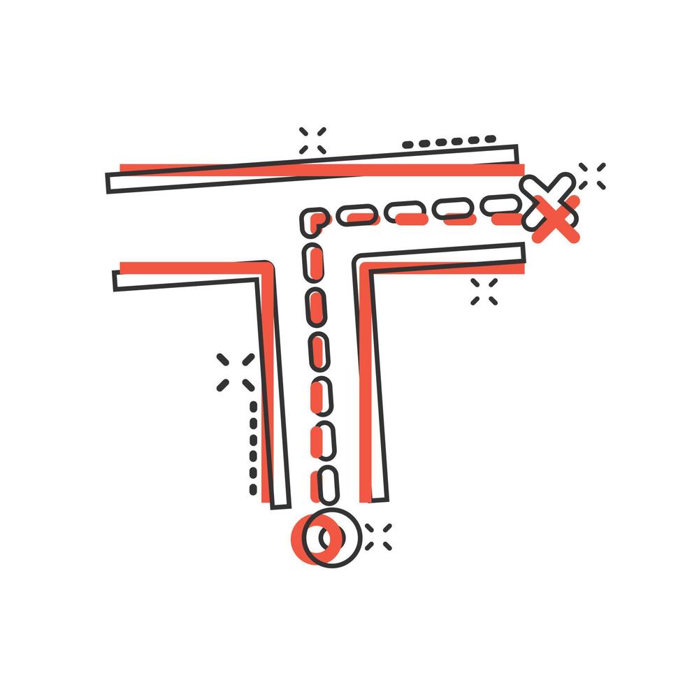 ícone de encruzilhada em estilo cômico. estrada direção navegação ilustração vetorial dos desenhos animados no fundo branco isolado. localize o conceito de negócio de efeito de respingo de posição de pino. vetor