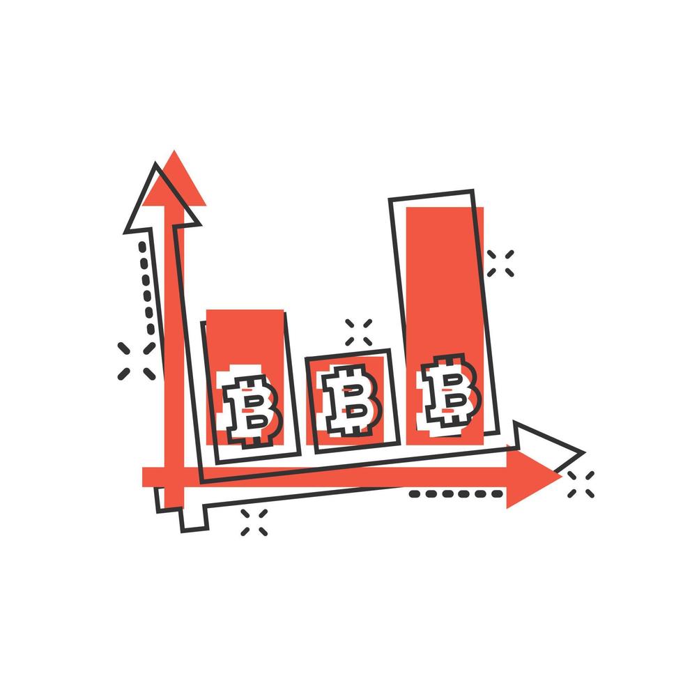 ícone de crescimento de bitcoin em estilo cômico. ilustração em vetor blockchain dos desenhos animados em fundo branco isolado. conceito de negócio de efeito de respingo de criptomoeda.