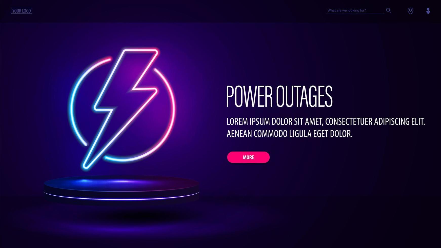 falta de energia, pôster roxo com logotipo de aviso de neon no pódio flutuando no ar vetor