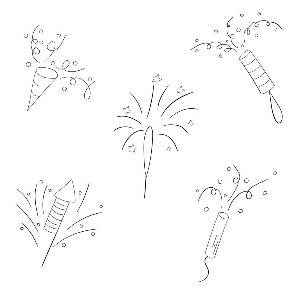 um conjunto de fogos de artifício com uma linha fina. ilustração vetorial de um doodle vetor