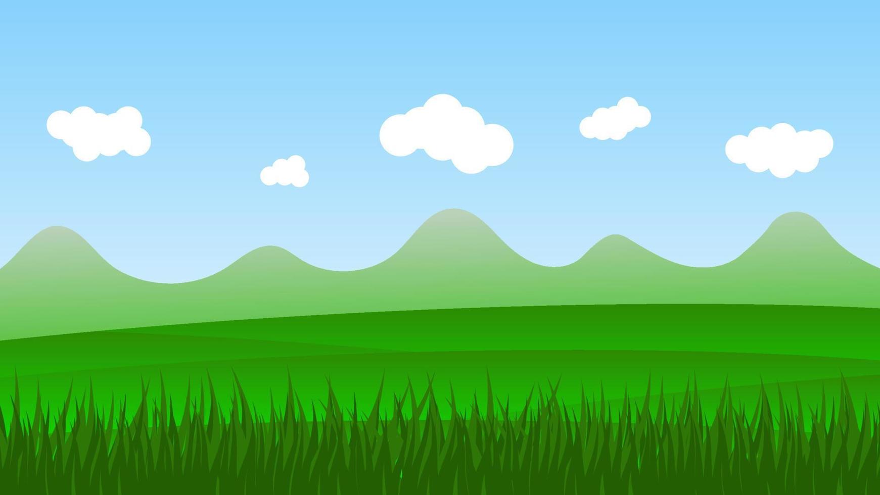 cena dos desenhos animados da paisagem com campo verde e nuvem branca no fundo do céu azul de verão vetor