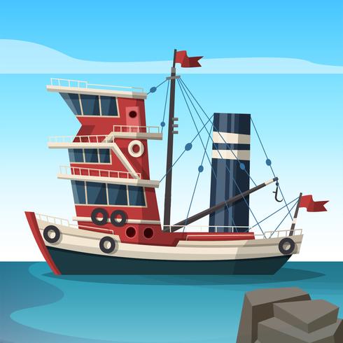 Ilustração do plano do vetor do barco tawler vermelho