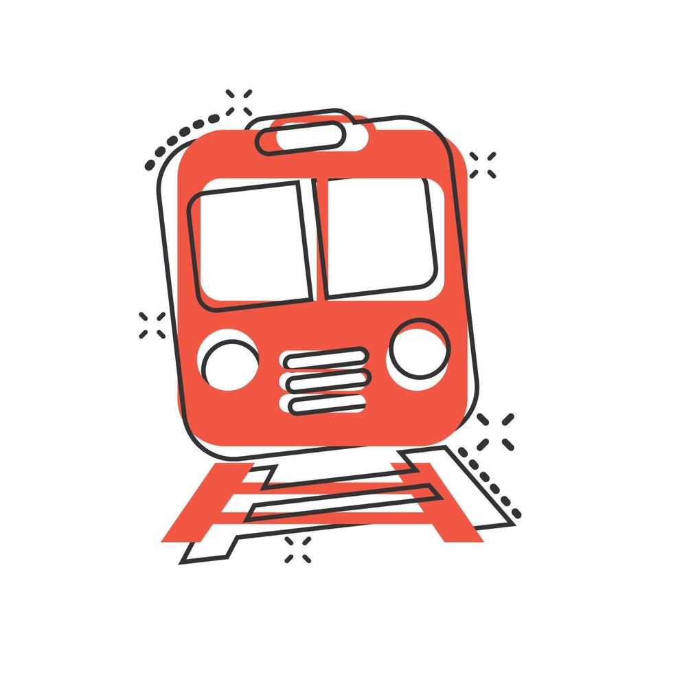 ícone do metrô em estilo cômico. ilustração em vetor trem metrô dos desenhos animados no fundo branco isolado. conceito de negócio de efeito de respingo de carga ferroviária.