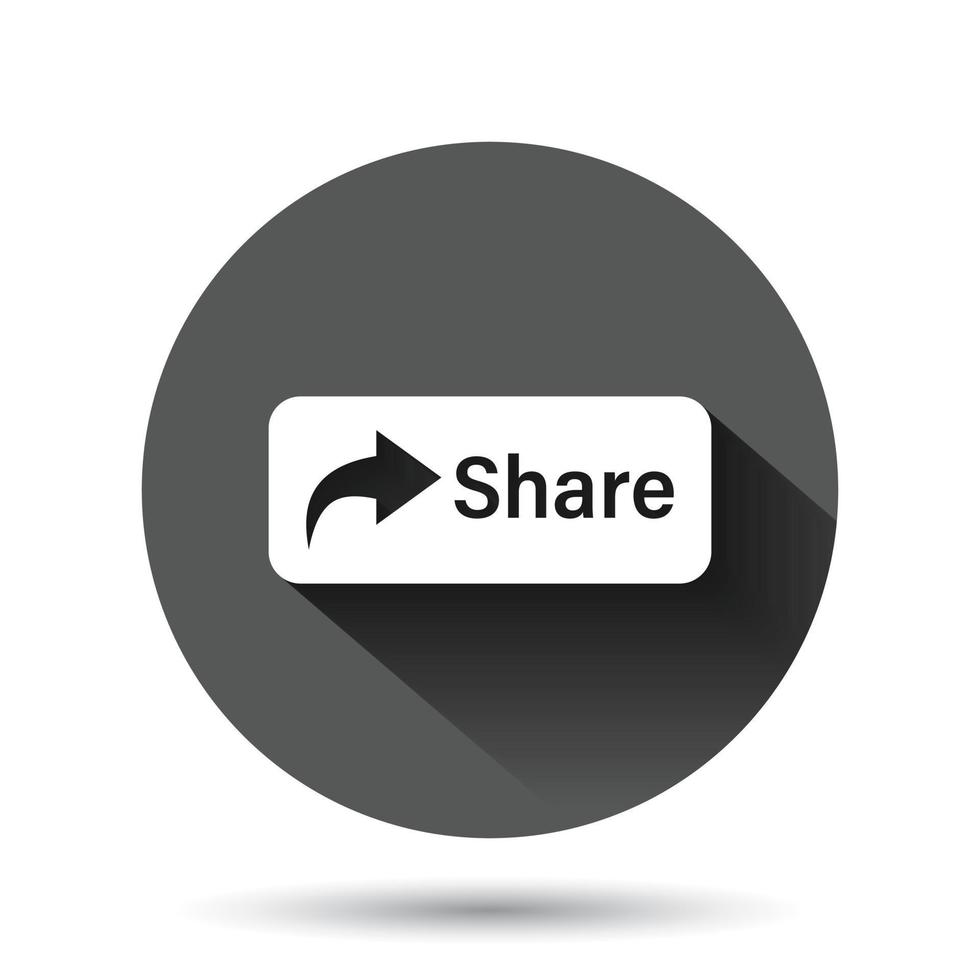 ícone de botão de compartilhamento em estilo simples. ilustração vetorial de sinal de seta em fundo redondo preto com efeito de sombra longa. envie o conceito de negócio de botão de círculo de arquivo. vetor