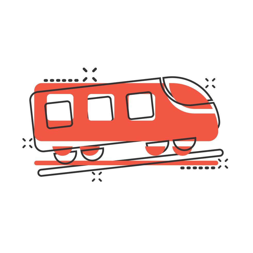 ícone do metrô em estilo cômico. ilustração em vetor trem metrô dos desenhos animados no fundo branco isolado. conceito de negócio de efeito de respingo de carga ferroviária.