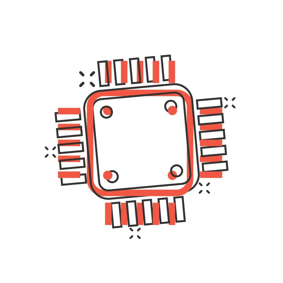 ícone da cpu do computador em estilo cômico. placa de circuito cartoon ilustração vetorial sobre fundo branco isolado. conceito de negócio de efeito de respingo de chip de placa-mãe. vetor