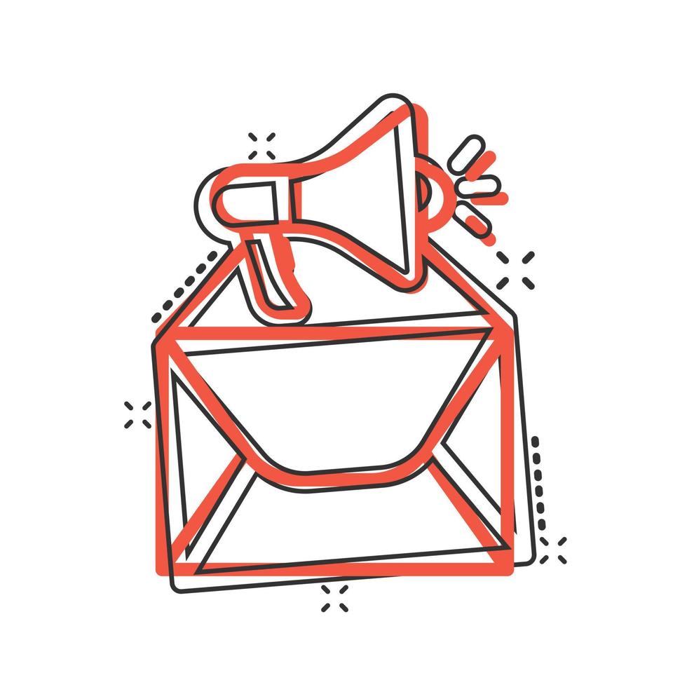 ícone de notificação de envelope em estilo cômico. e-mail com ilustração em vetor alto-falante dos desenhos animados no fundo branco isolado. receba o conceito de negócio de efeito de respingo de mensagem de correio.