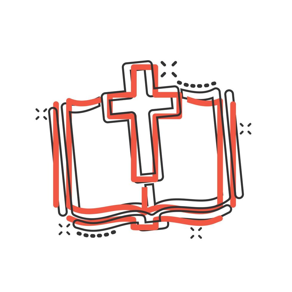ícone do livro bíblico em estilo cômico. ilustração em vetor igreja fé dos desenhos animados no fundo branco isolado. conceito de negócio de efeito de respingo de espiritualidade.
